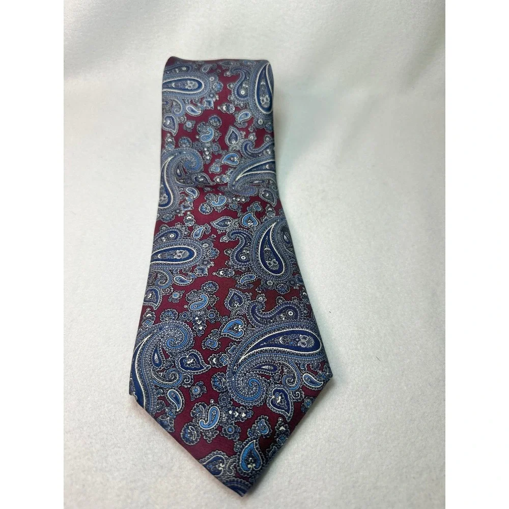 Bert‎ Pulitzer Mens Silk Paisley Tie Burgundy Blue Silver Made in USA Classic